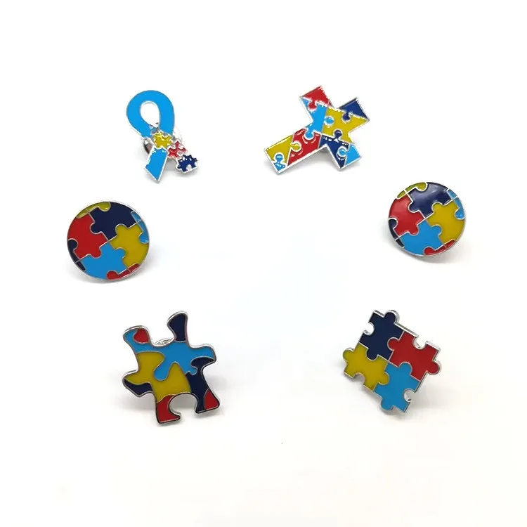 Custom Metal Colorful Enamel Epoxy Autism Awareness Ribbon Heart Puzzle Piece Lapel Pin Badge for Events