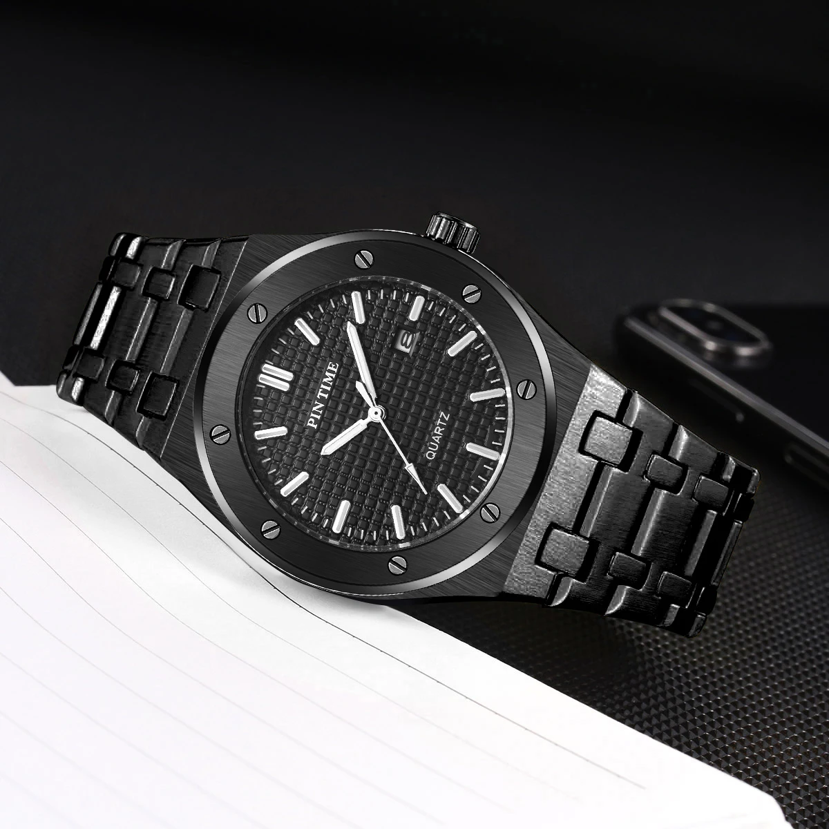 Часы PINTIME Мужские кварцевые, модные повседневные Стальные Роскошные водонепроницаемые в стиле милитари, с датой