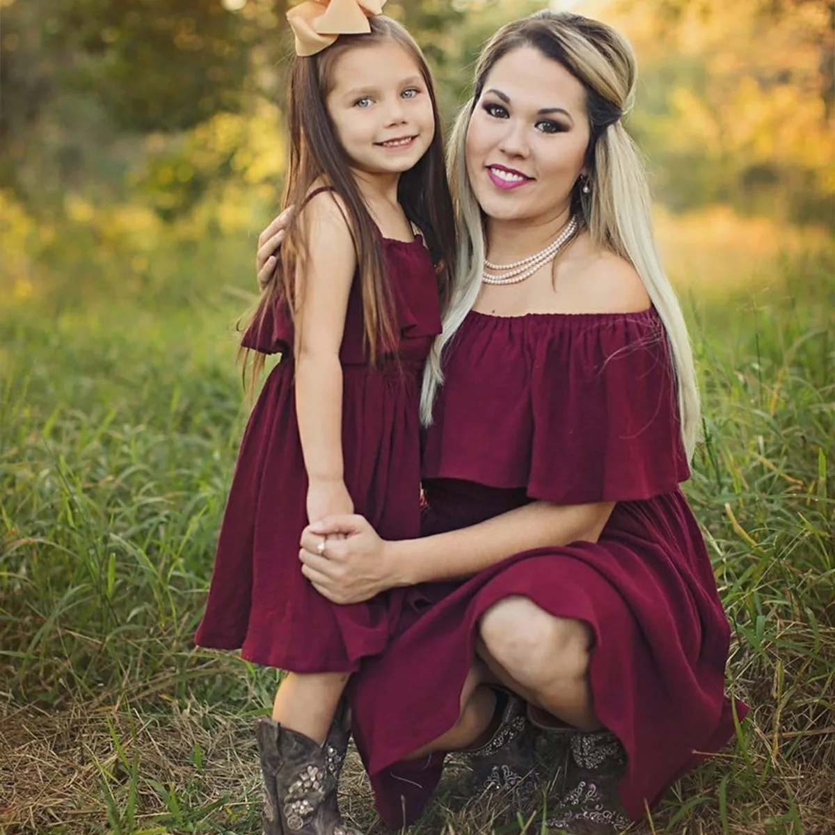 Summer mother and daughter long dress parent-child wine red short-sleeved female skirt solid color suit
