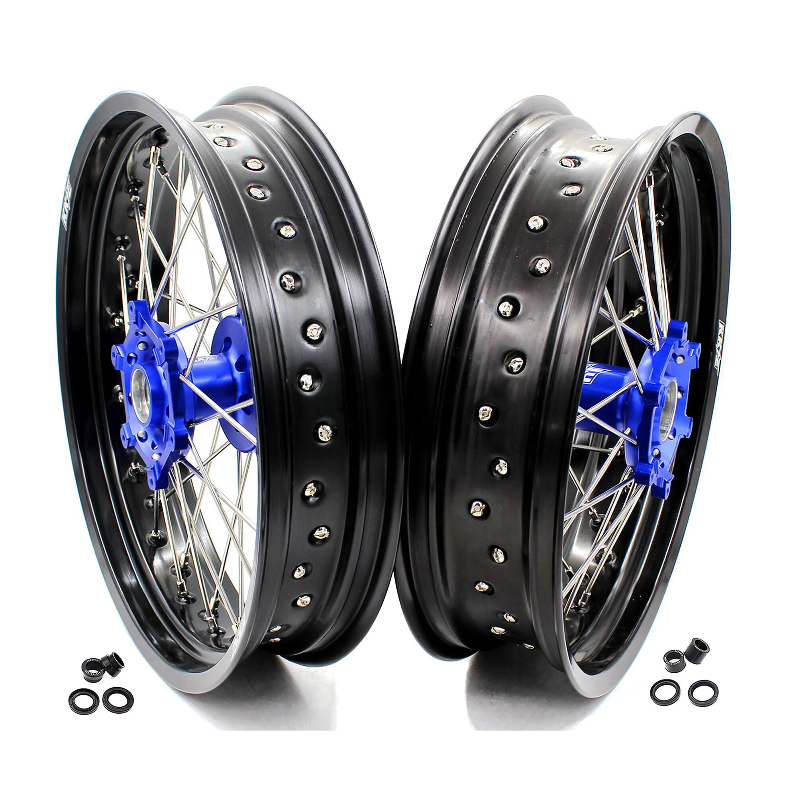 KKE Motorcycle Supermoto Wheels Rims Set Compatible with YAMAHA WR250R 2007-2021 Anodized Aluminium Blue Hub