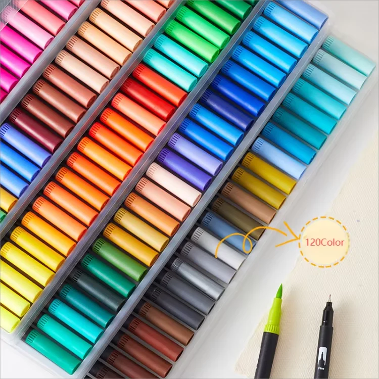 Customizable Logo Double-Ended Soft Head Brush Pen with 120 Colors Black Rod Plastic Watercolor Marker Set for Art Creativity
