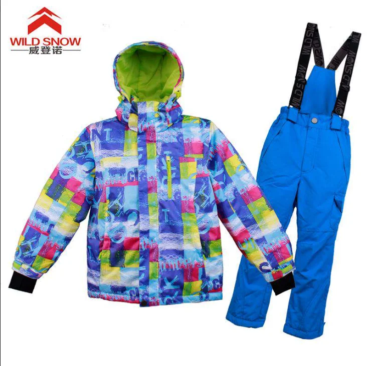 Дикий для снежной погоды для мальчиков и девочек; Лыжный комбинезон костюм куртка из искусственной кожи PU для катания на сноуборде с красочным рисунком Лыжная куртка и штаны, комплект с рисунком