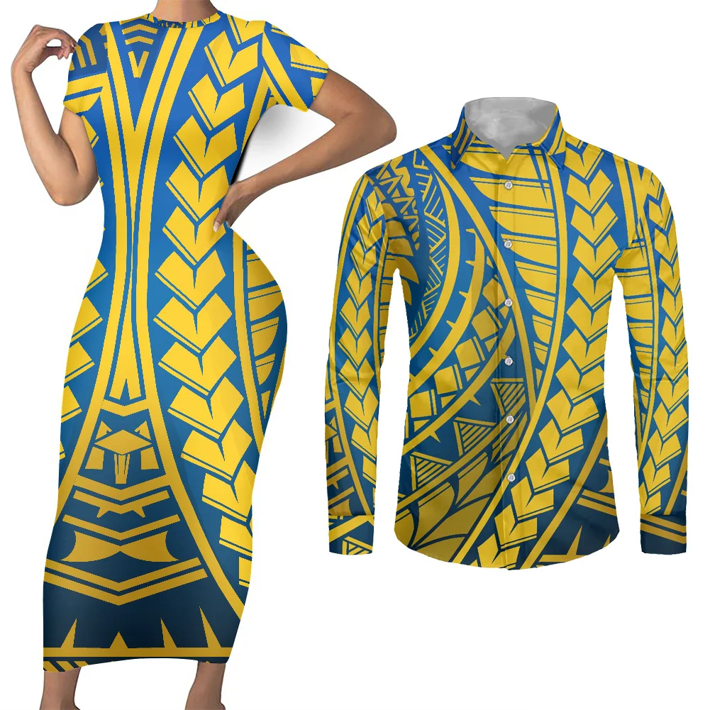 HD Gradient Tongan Island Print Long Bodycon Cheap Dresses Straight Fitted Dresses Women Custom Polynesian Tribal Couple Clothes