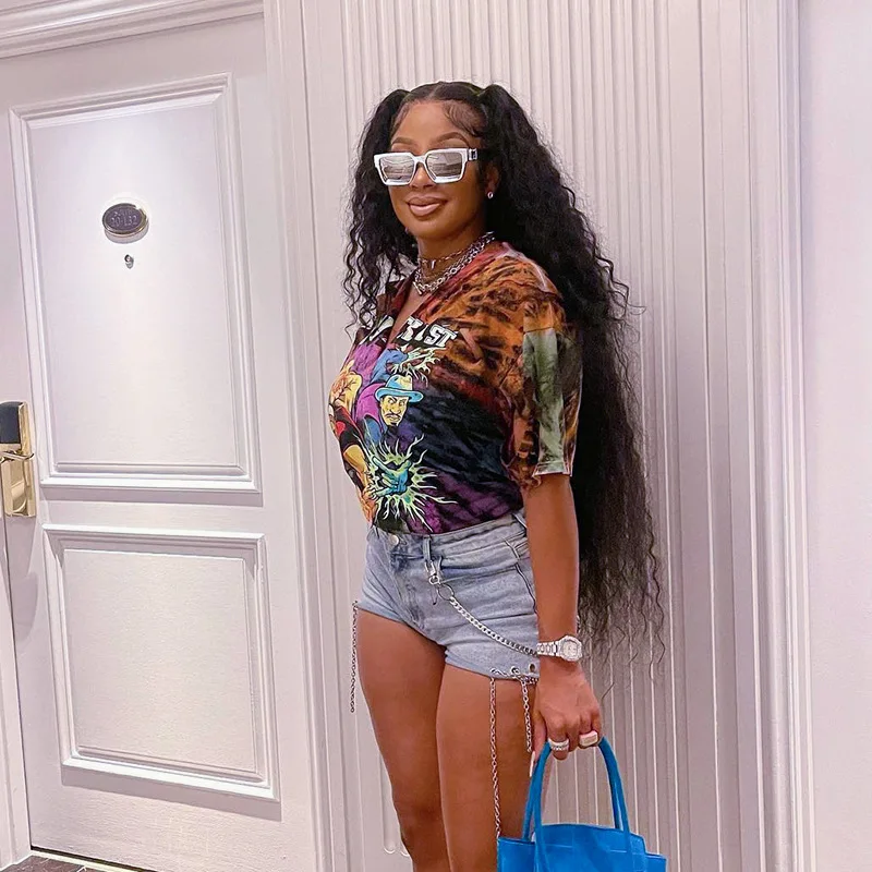 2023 Summer Street Women Clothing V Neck Cartoon Print Cut Out Casual Fashion Graphic T Shirts