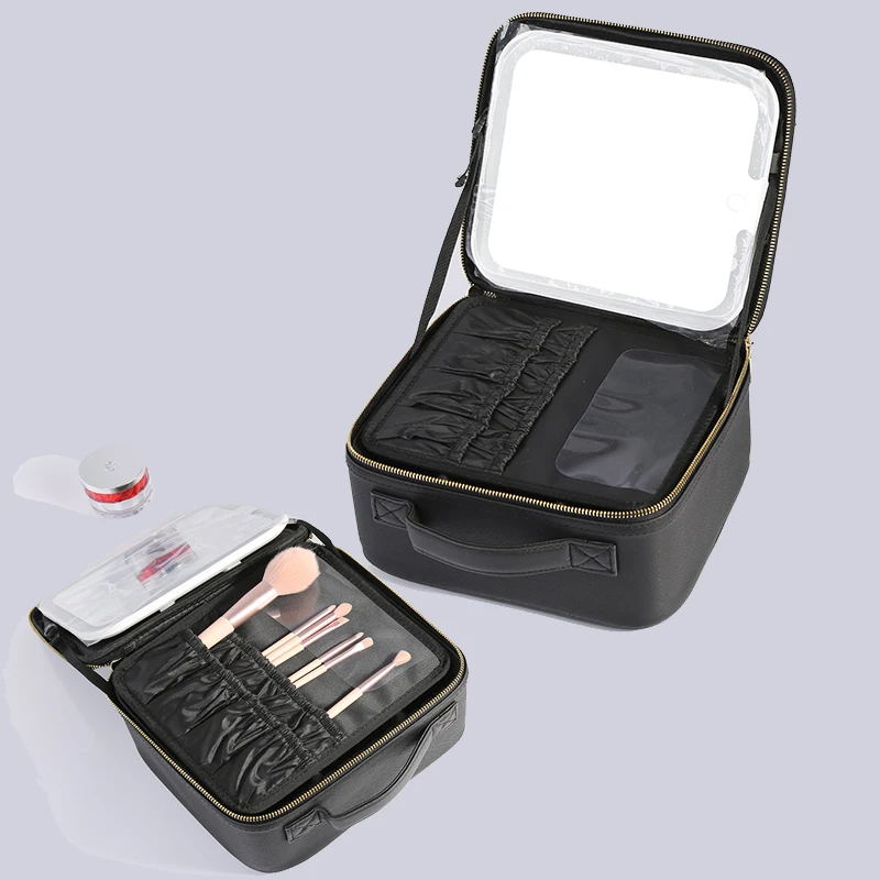 Custom Leather Makeup Organizer Make up Bag Large Cases Cosmetic Case Makeup Bag Professional Bag Case with LED Light Mirror