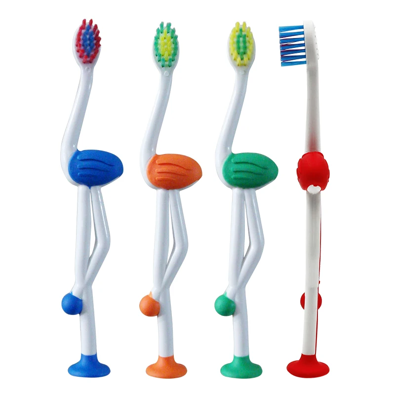 Custom Logo Flamingo Shape Handle&Suction Cup Soft Nylon Bristle Child Toothbrush