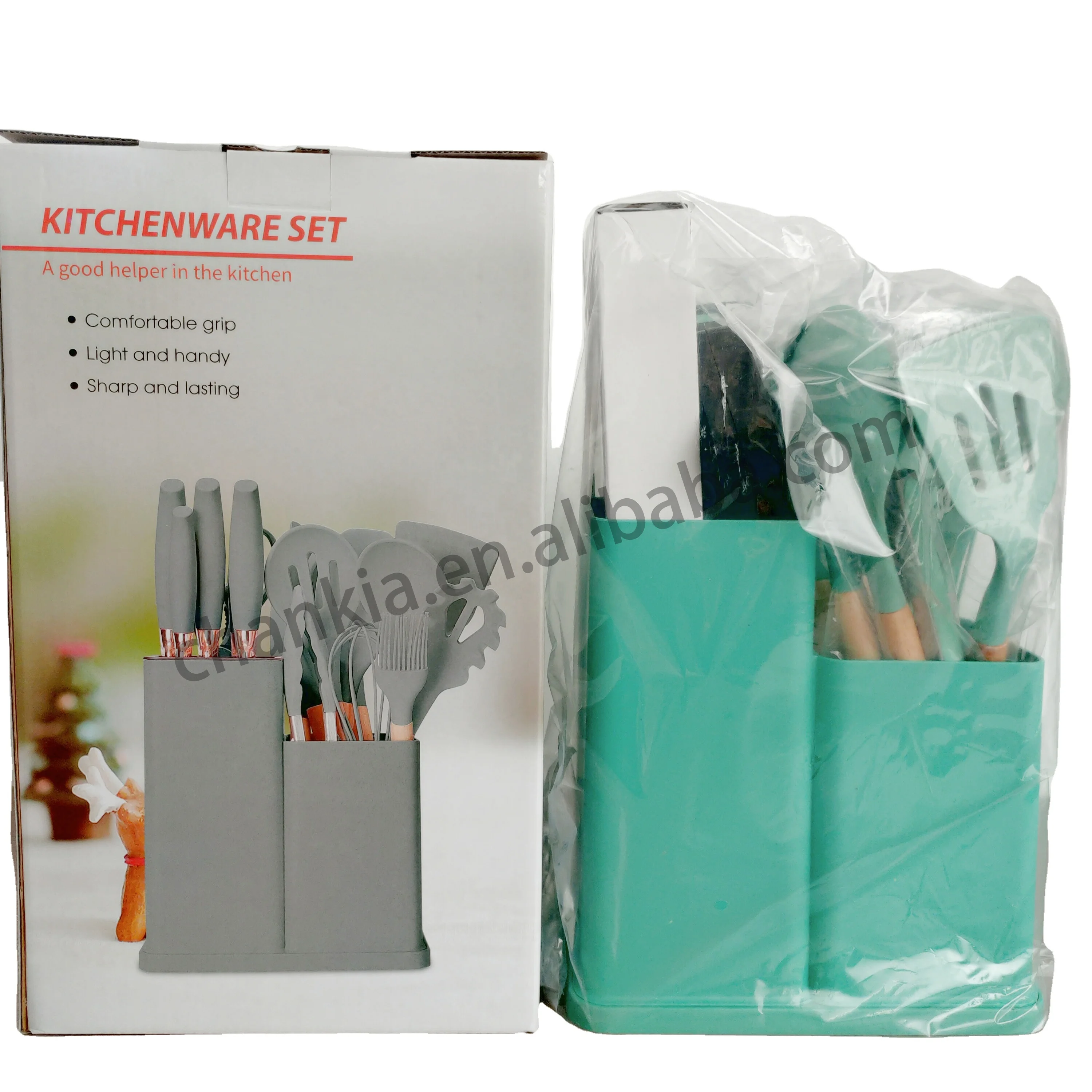 Heat resistance wholesale 19 piece wood handle white soft touch silicone cooking utensils kitchen tools and knife set