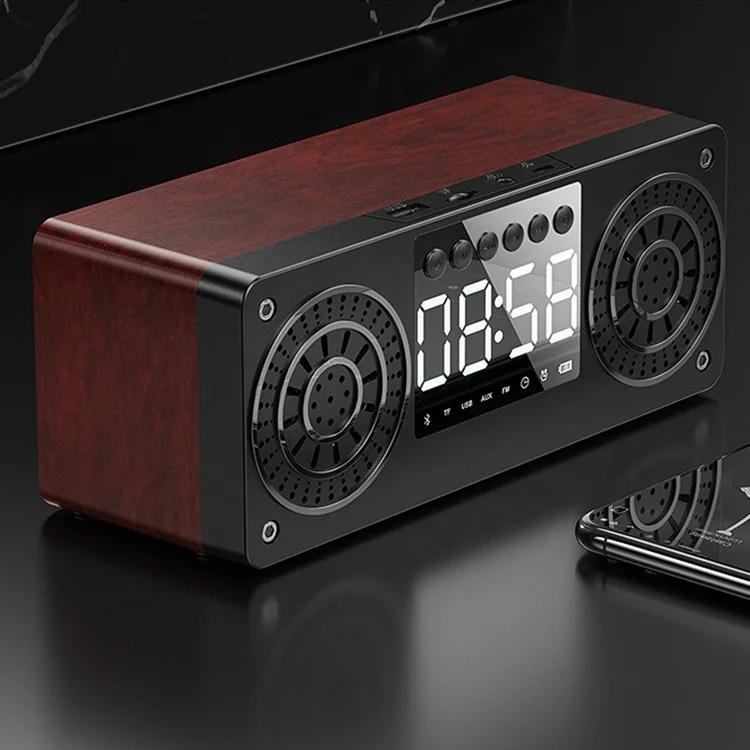 Wooden Portable BT 5.0 Speaker Alarm Clock LED Display Speakers FM radio Stereo Desktop Subwoofer Support TF AUX USB FM Radio