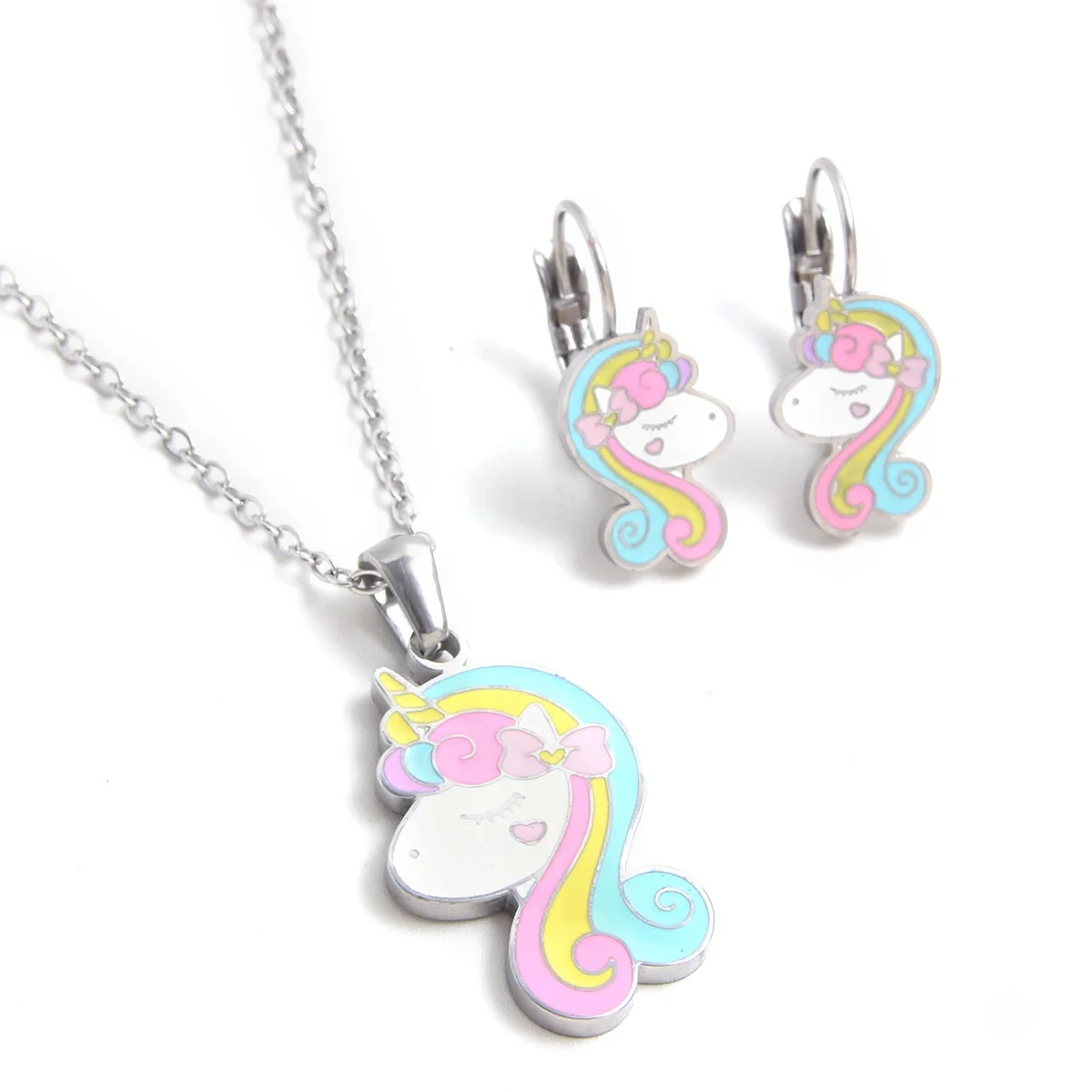 Children kids little young girls jewelry set 18k gold plated animal unicorn insect dragonfly ladybug necklace earrings set