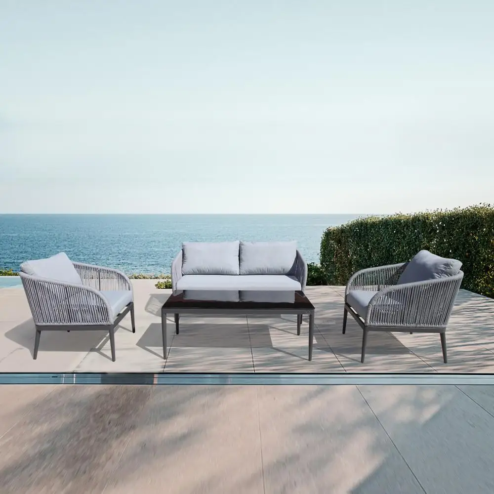 Modern Outdoor Garden, Patio 4 Piece Seat - Patio Alum Frame Rope Woven Sofa Furniture Set (Grey)