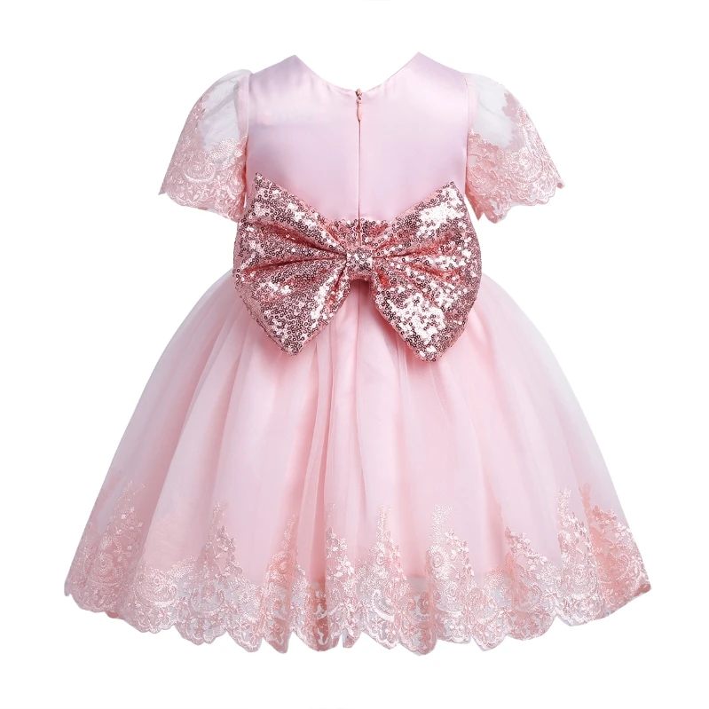 
In Stock Infant Baby Dress Sequined Bowknot Flower Princess Embroidered Birthday Party Dress 