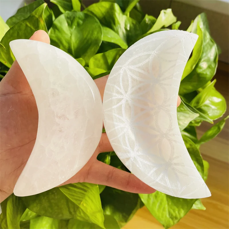 Natural Healing Gemstone Creative Flower Of Life Crystal Crafts Moon Shape Selenite Bowl  For Sale