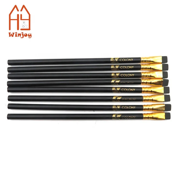 Black Color Printing Golden Logo High Quality Hotel #2 HB  Custom Printed Pencil With Flat Rubber Eraser For School And Office