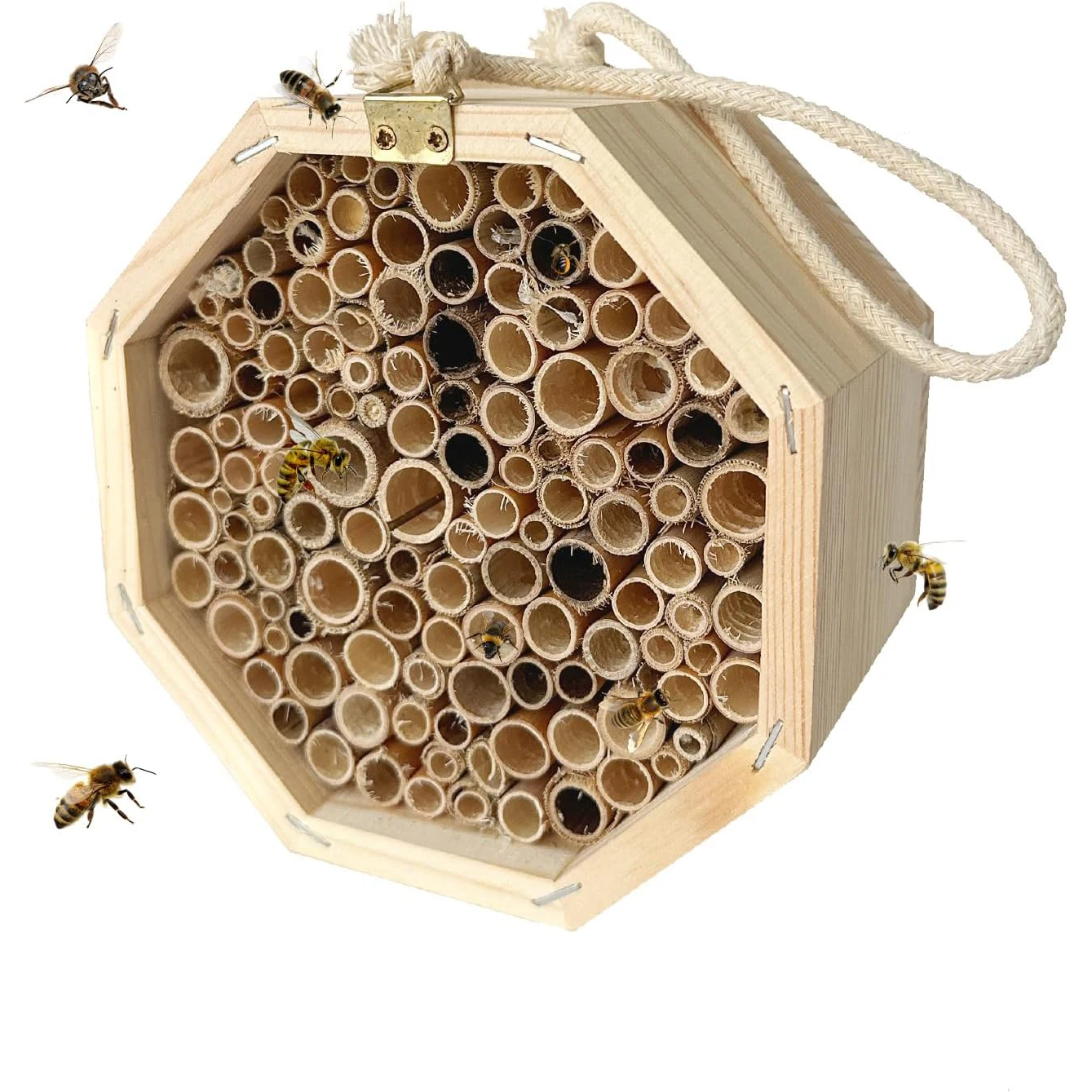 Wooden hexagonal beehive Natural handmade woodbee boxes made from bamboo tubes attract peaceful bee pollinators to increase