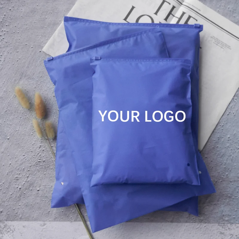 biodegradable custom printed logo blue zipper plastic slider frosted zip lock packaging poly bag for  garment