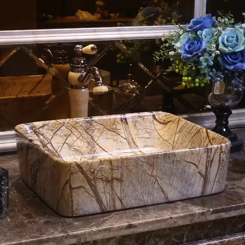 European Rectangle Bathroom Basin Marble Design Wash Basin Above Counter Wash Basin Ceramic Art Hand Washing Sink