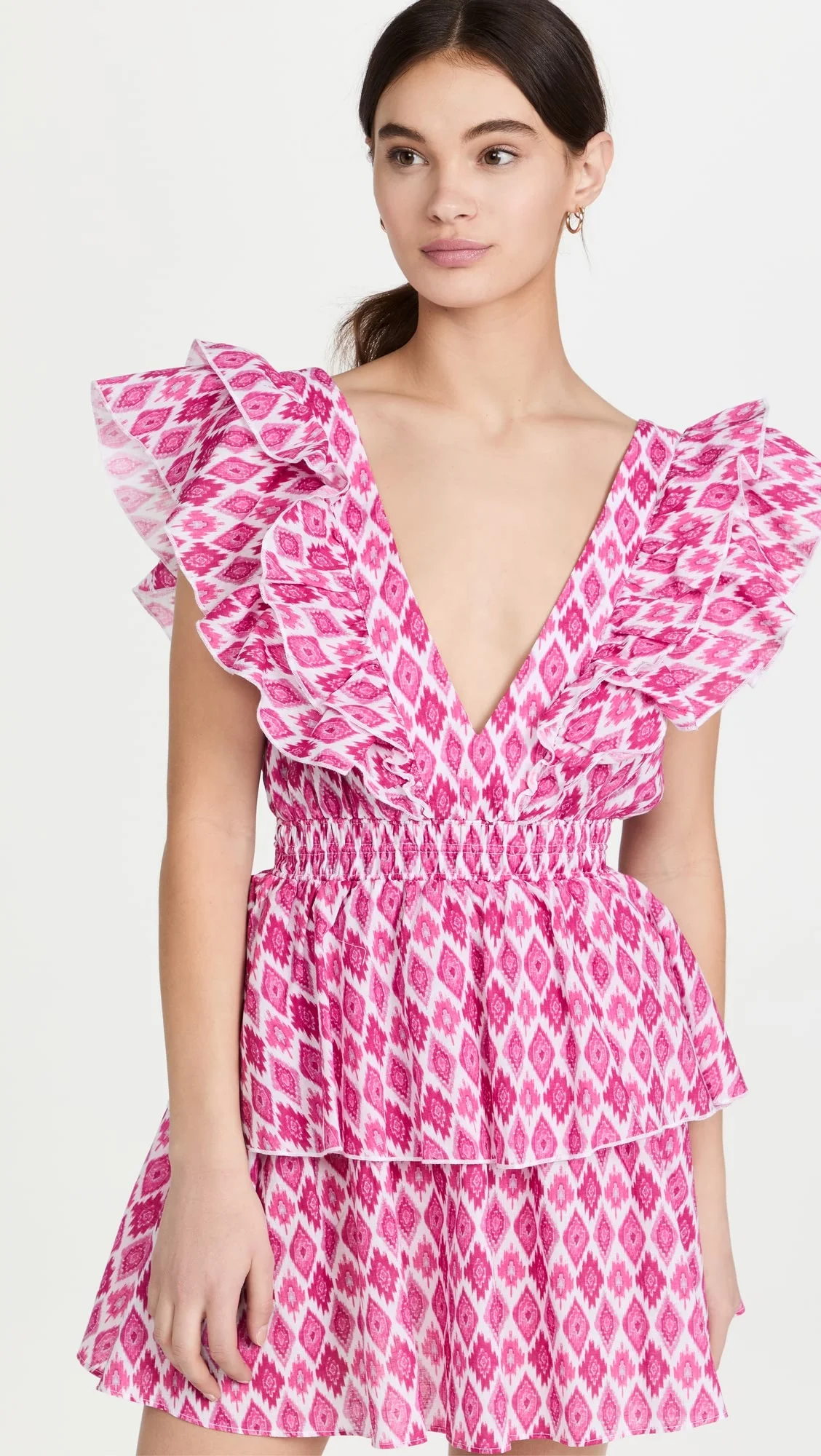 A-line Dresses Allover Small Flowers Deep V-neck Sleeveless Ruffles Detail Mini Tiered Dress