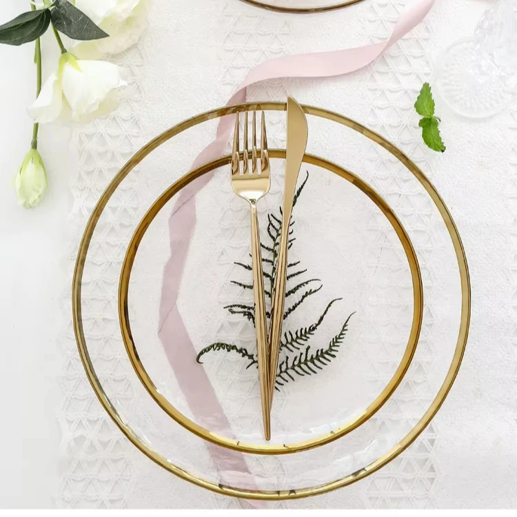 Wholesale Modern Unique Custom Luxury Cloud Pattern Heat Resistance Gold Rim Crystal Clear Glass Charger Plates For Wedding