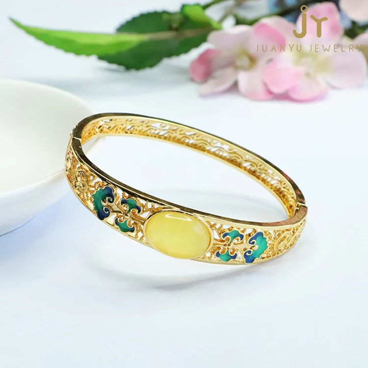 Hollow Out Gold Plated Brass Bangle Fashion Jewelry Cloisonne Amber Bangles for women Natural Stone Amber Bangles Wholesale