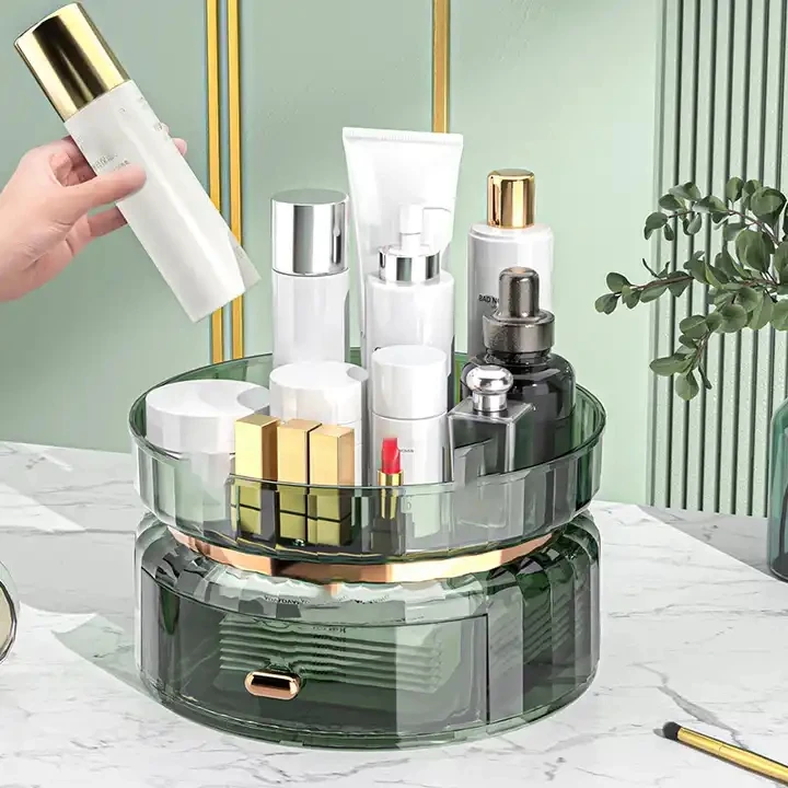 360 Rotating Makeup Organizer Perfume Tray with Drawers Bathroom Countertop Vanity Lazy Susan Cosmetic Display Case