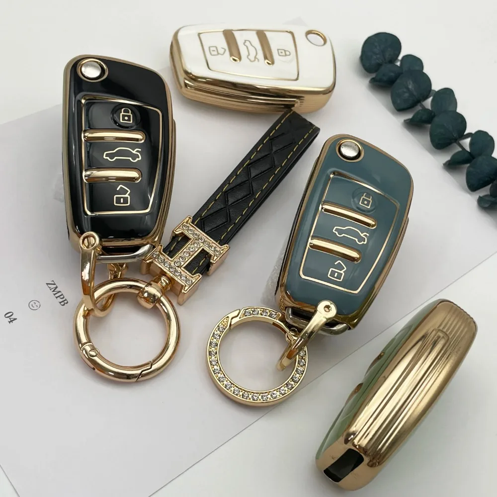 Customize logo soft TPU gold silver edge car key cover case key chain for audi a3 2021