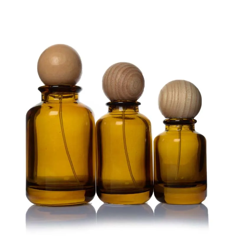 Amber Bottle 30ml 50ml 100ml Round Glass Empty Perfume Bottle With Wood Ball Lid