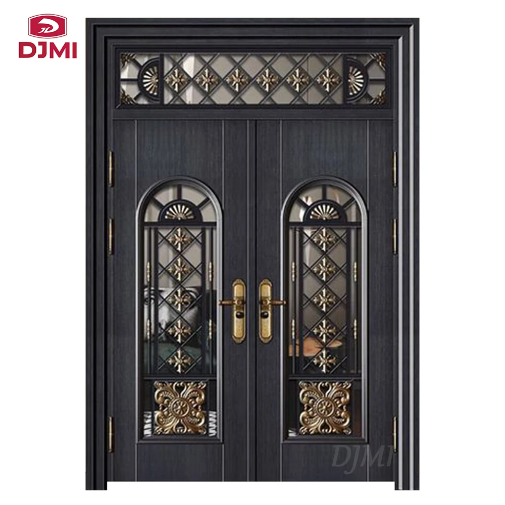 Chinese Top factory luxury villa external main entrance porte with art glass front entry exterior wrought iron door for house