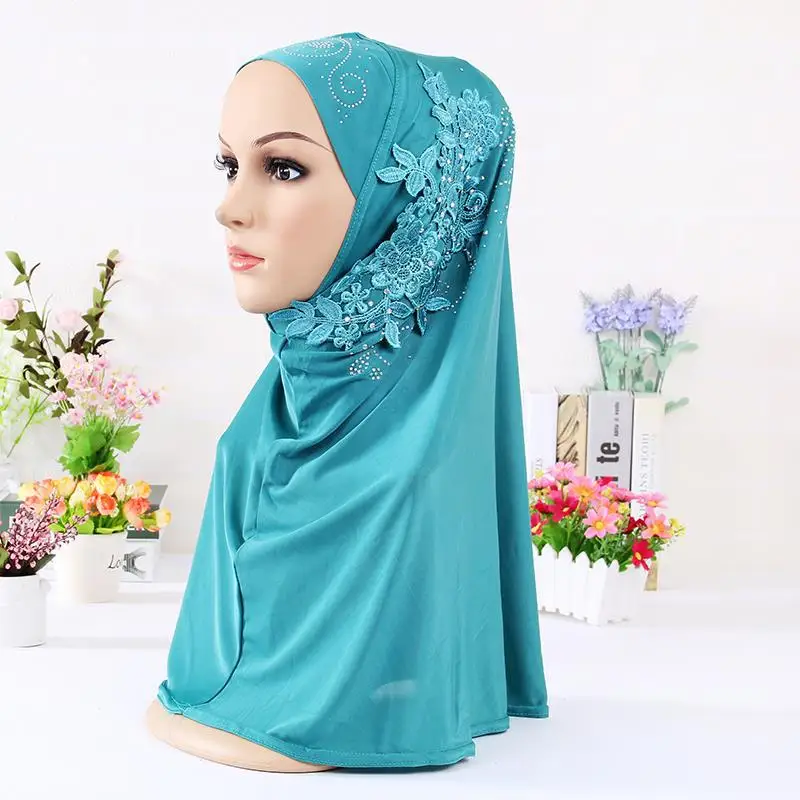 lace flowers rhinestones muslim hijab women islamic beaded hijab scarf HW263