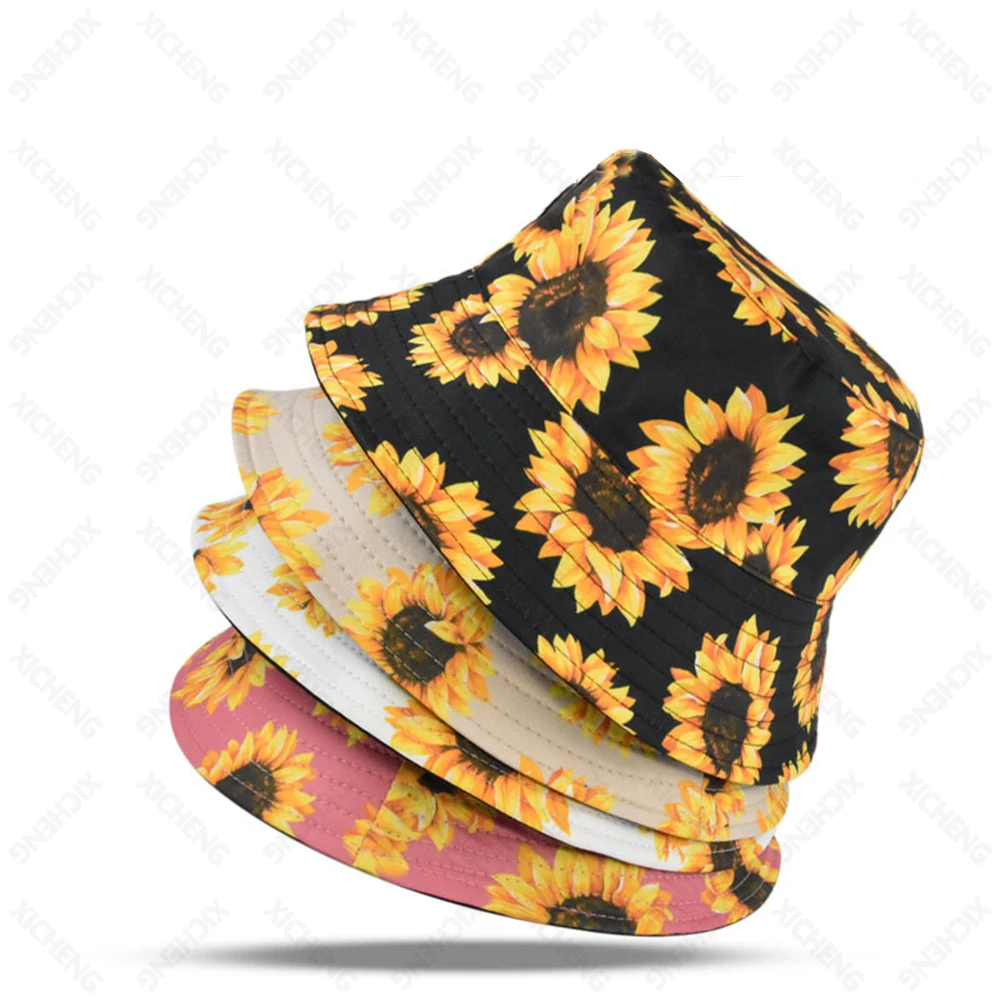 Wholesale unisex new sunflower-printed cotton polyester custom logo reversible bucket hat caps for women men