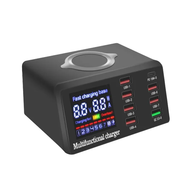 2024 Hot travel charger 9 in 1 Wireless Fast Charging station with 8 USB Ports Hub Dock Station 20W PD adapter 100W total
