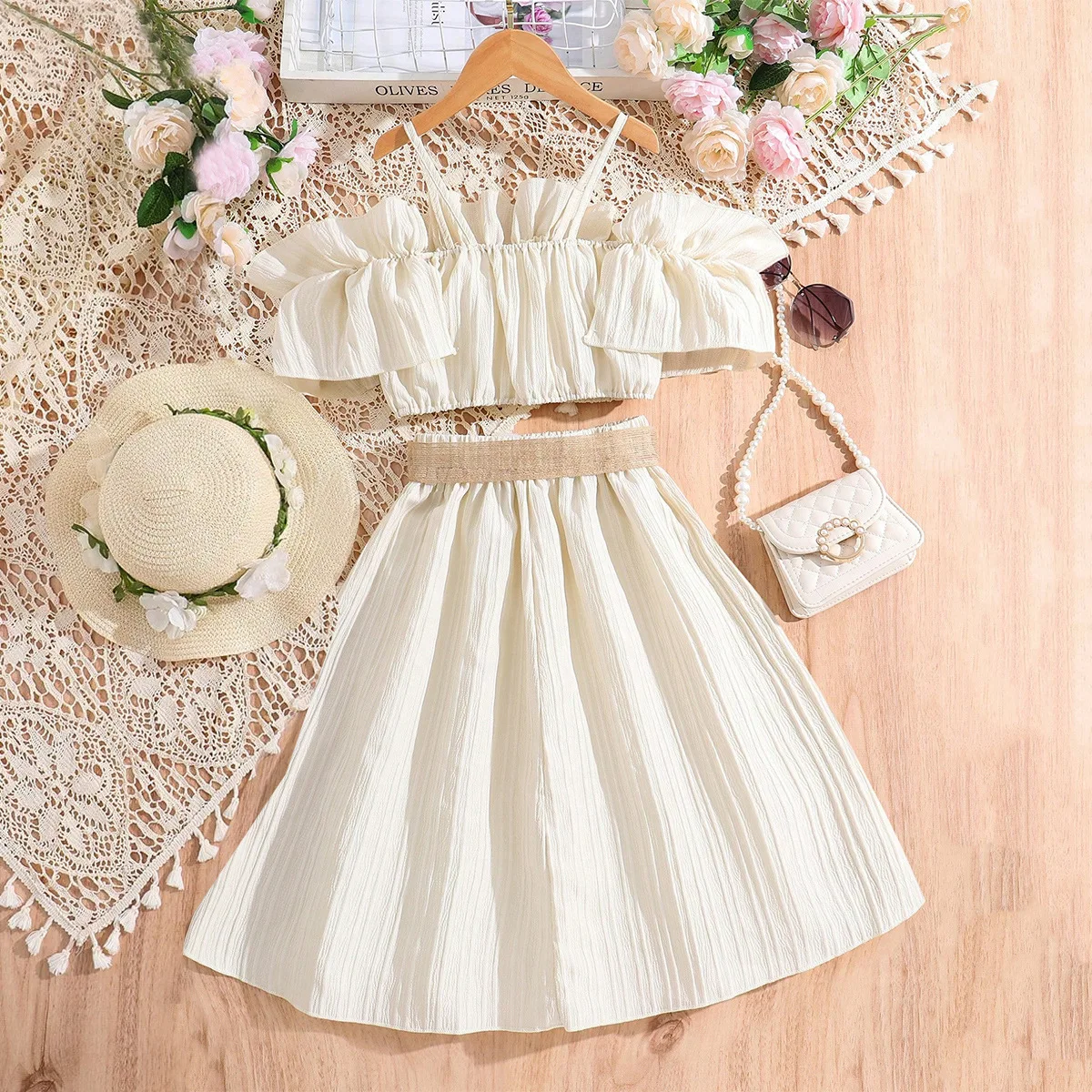 2023 Summer Children Outfits Wholesale Off Shoulder Solid Color Tops Skirt Two Piece Big Kids Clothes Girls Clothing Sets