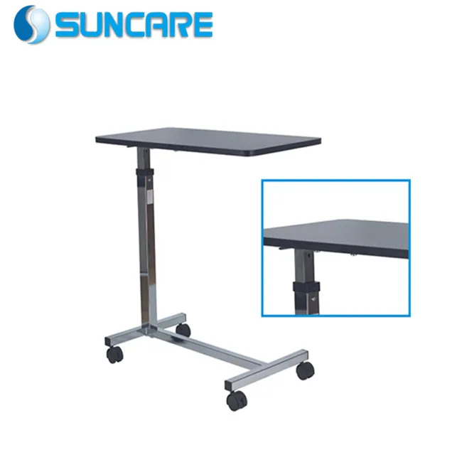 Adjustable Gas Spring Bedside Table with Wood Grain Countertop Stainless Steel Manual