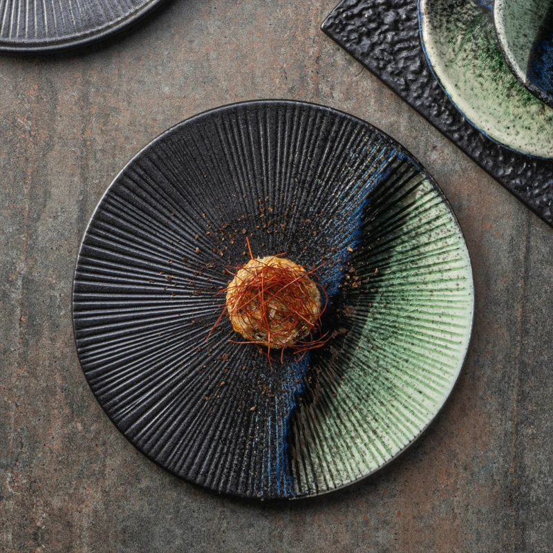 Yayu new listing Horeca luxury modern black green ceramic dinner steak flat plates for Korean food restaurant porcelain dishes