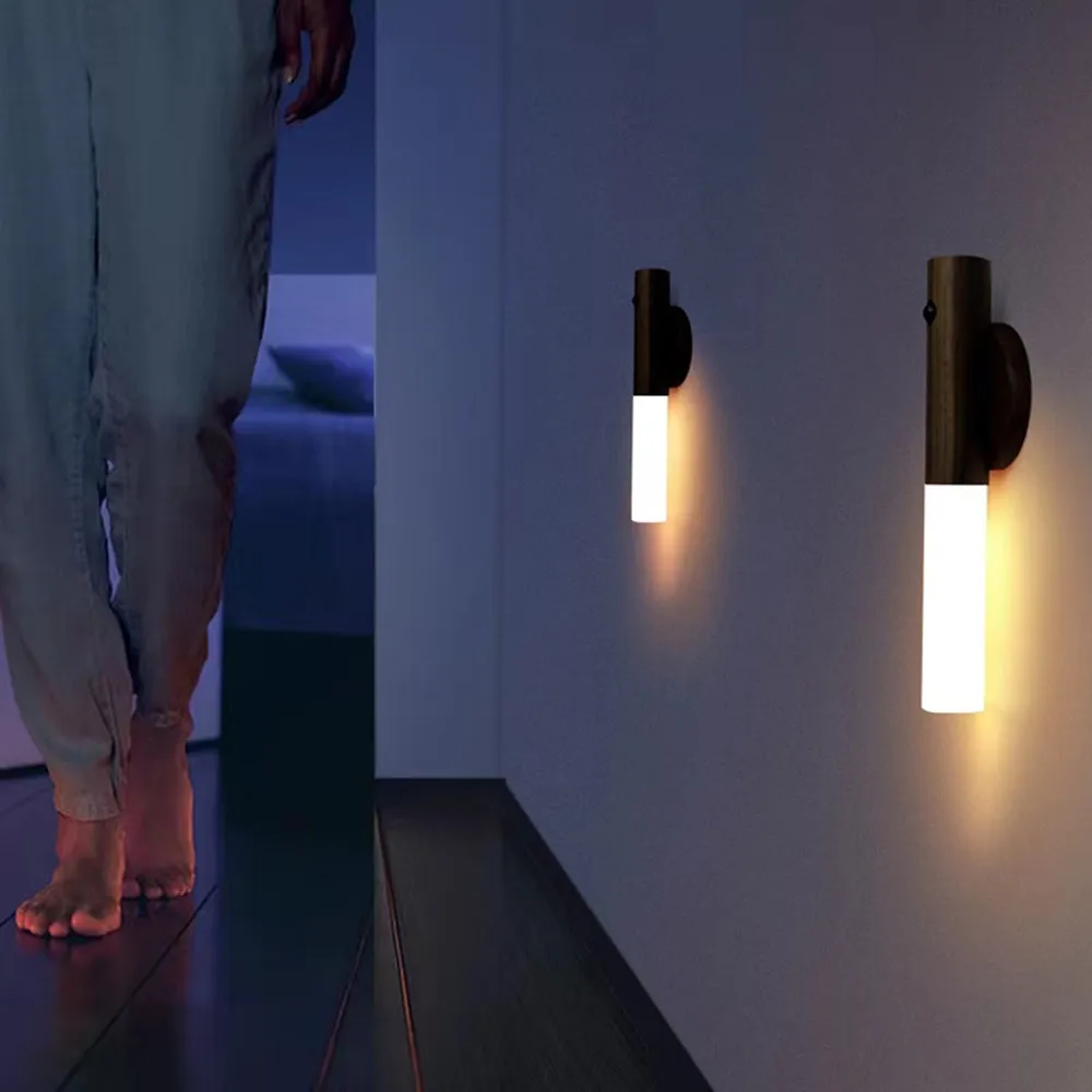 Sensor Control Rechargeable Wooden Wall Lamp Portable Induction Lamps for Bedroom