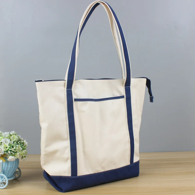Custom Design Two-Tone Reinforced Handle Canvas Tote Shopper Bags With Zipper And Pockets