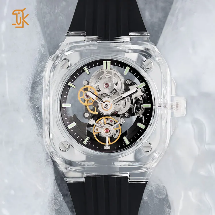 SANYIN Custom Square Transparent Watches No Logo Luxury Skeleton White Automatic Mechanical Wrist Watch Manufacturers