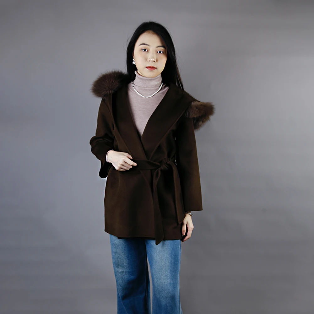 New Arrival Luxury Winter Hand Sewn Fur Hoodie Belted Women Cashmere Blended Coat High End Fur Trimmed Belt Coat