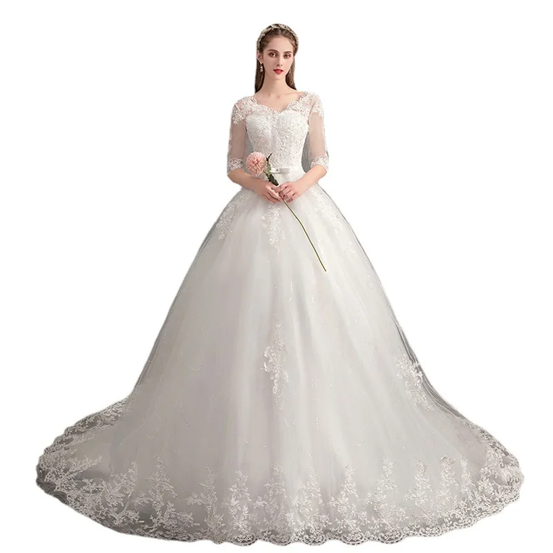 Vintage  Lace Empire Wedding Gown Bridesmaid Dress Lace Maternity V Neck Half Sleeves Plus Size Wedding Dress For Women