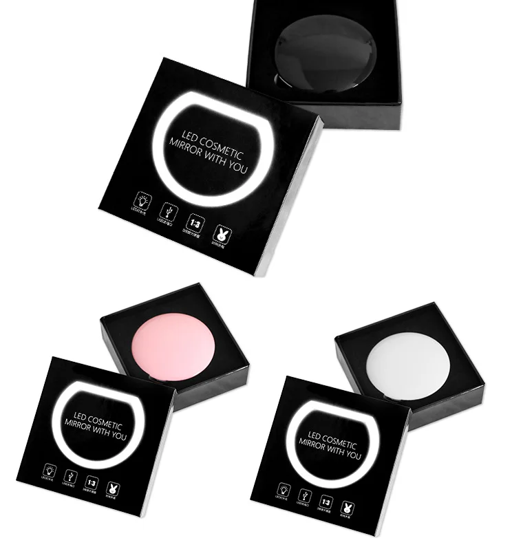 Double-sided LED Lights Small Cosmetic Make up Pocket Mirror USB Charger Color Box Customer Logo Custom Designs Round 75*75*20mm