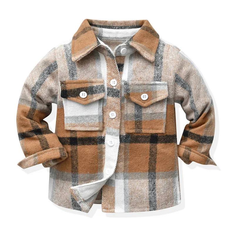 Finalz Girls Boys Blouses Plaid Patchwork Long Sleeve Single Breasted Wool baby jacket winter coat for boys