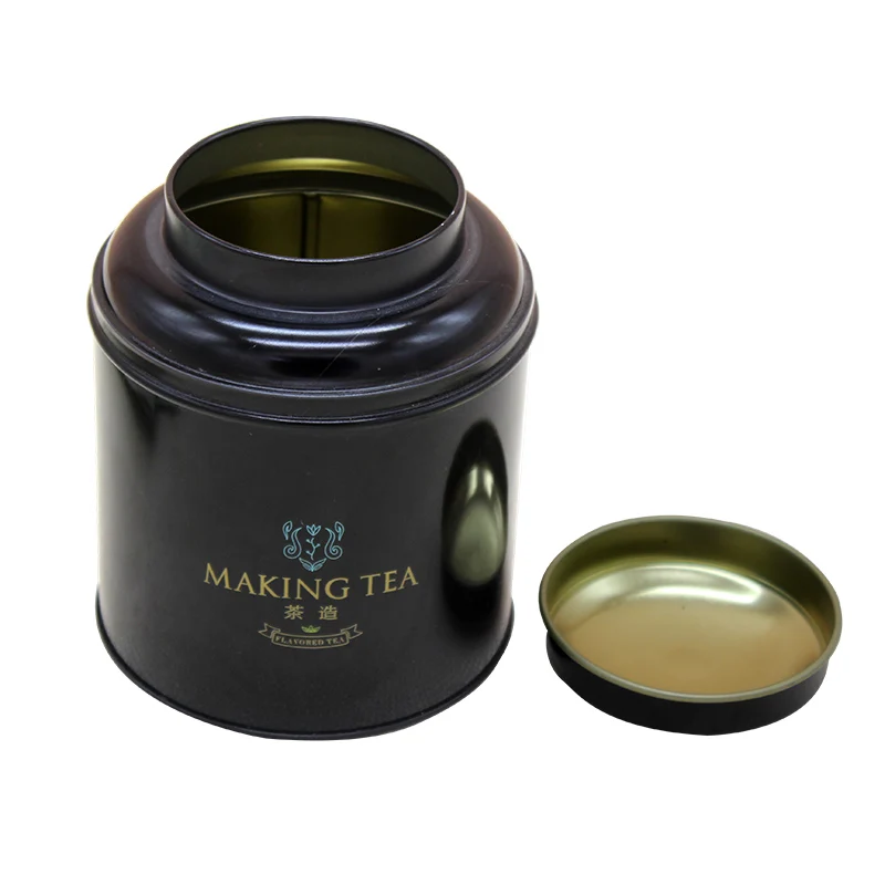 Black round shape customized metal tea tin box airtight tea tin case