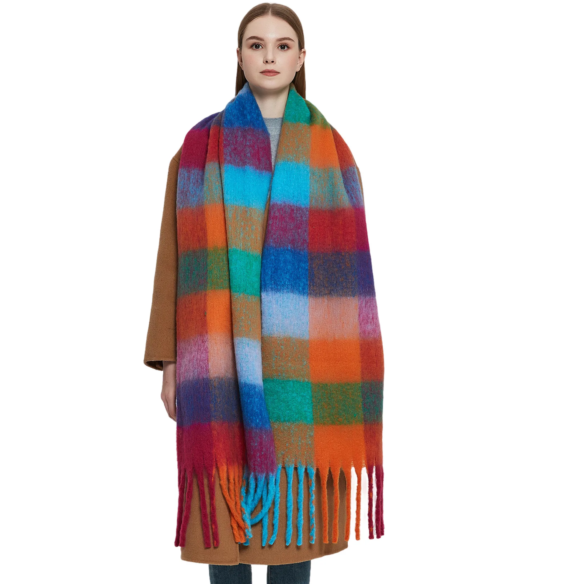 Custom Winter new fashion loop yarn thickened shawl mohair thick whisker colorful grid scarf for women luxury
