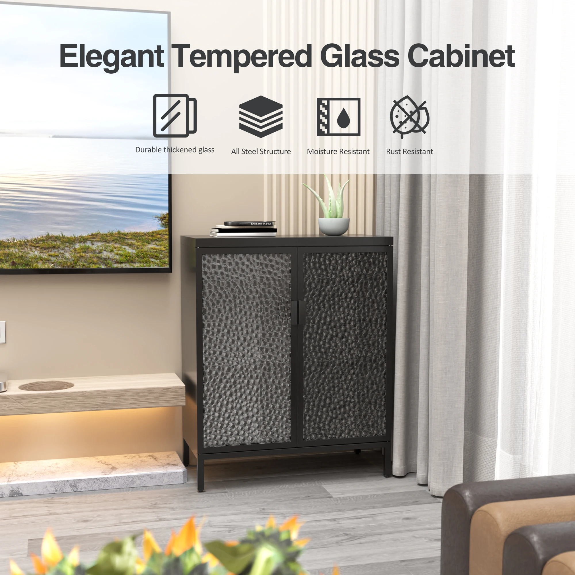 Adjustable Shelf 2 Glass Doors Multi-functional office metal storage cabinet Kitchen Storage Cabinet, Wine Bar Cabinet