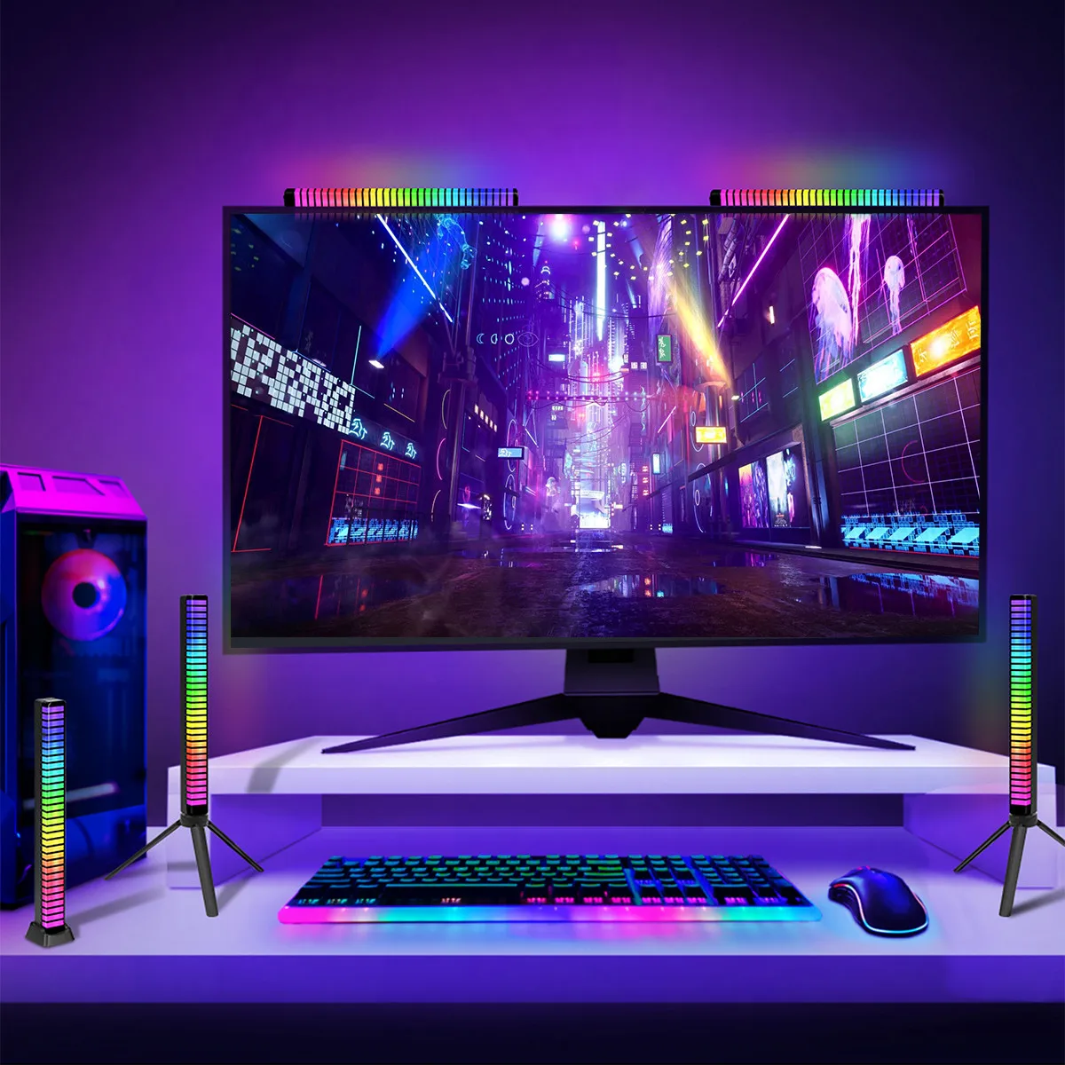 RGB Voice Control LED Music Rhythm Lights with 3D Screen Ambient Light Bar 5V Rechargeable Computer Desktop Voice Sensing Light