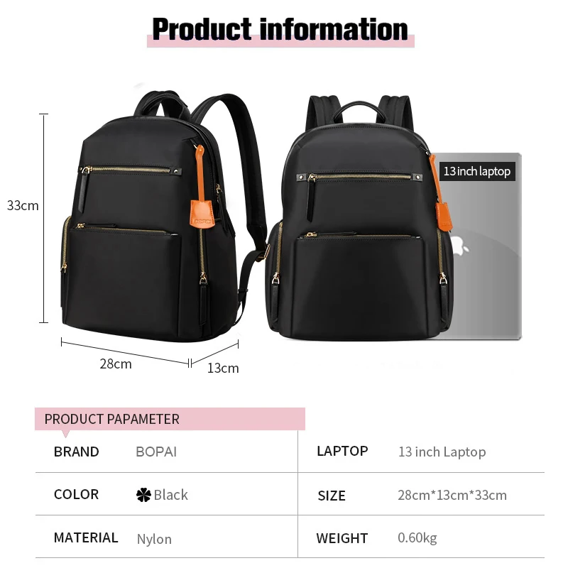 BOPAI Waterproof 13 Inch Travel Fashion Daily Leisure Light For Ladies Bag Back Pack Business Women Casual Laptop Backpack