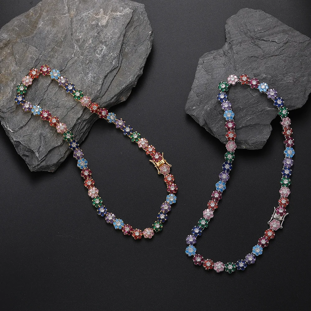 Trendy 2022 Fashion Summer Hip Hop Jewelry Iced Out Diamond Flowers Necklace Rainbow 9mm Floral Tennis Chains for Women Men
