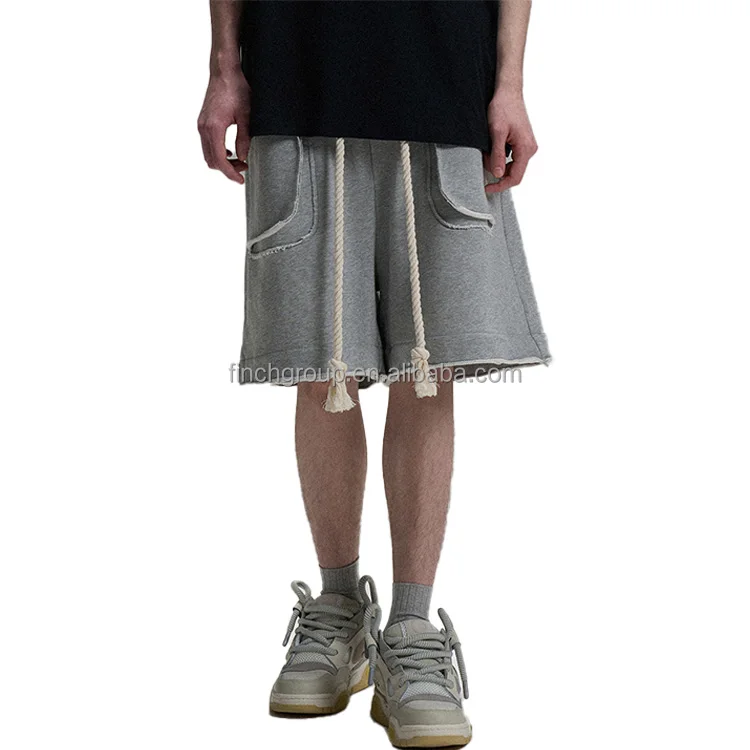 Finch Garment Wholesale French Terry Cotton Raw Edge Drawstring Waist Custom Men Gym Sweat Raw Edge Shorts
