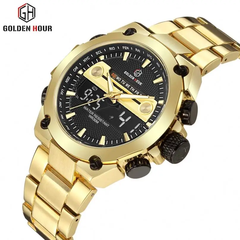GOLDEN HOUR GH115 elegance silver male digital watch weird steel Strap water proof Chrono alarm outdoor hand watch