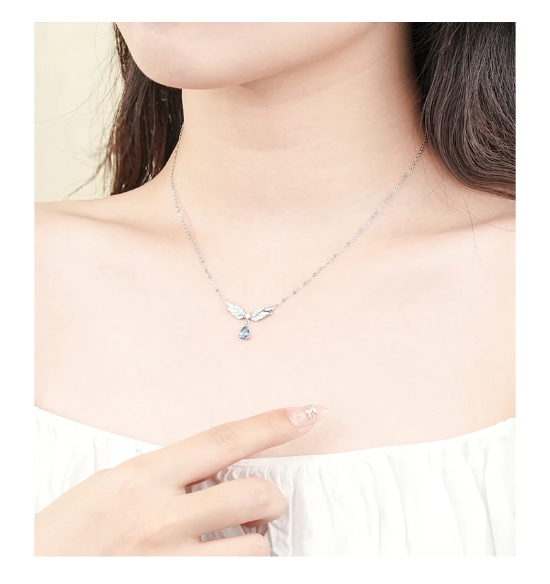 Fashion Jewelry 925 Sterling Silver Zircon Cz Water Drop Shaped Angel Wing Pendant Necklace for Women