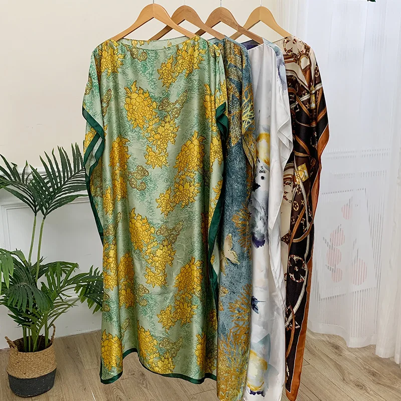 Hot selling High-quality African Big Size Loose Silk Printed Kaftans Luxury Branded Silk african women clothing